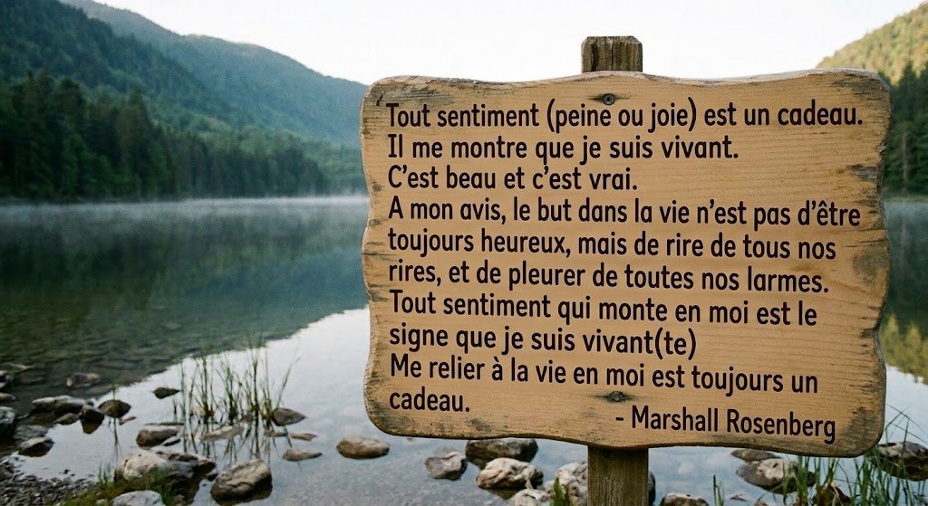 Panneau de bois au bord d'un lac de montagne avec une citation de Marshall Rosenberg sur les sentiments comme cadeaux de la vie
